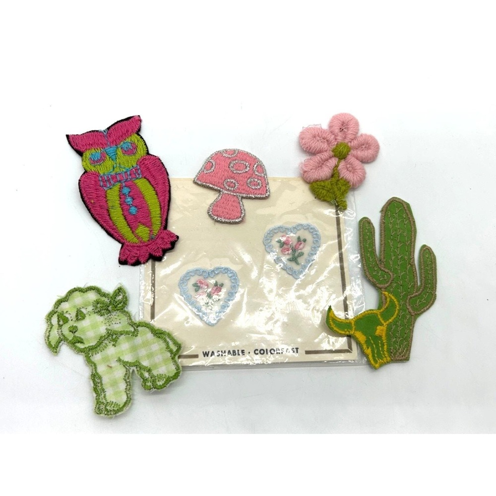 Vintage 60's Hippy Lot of 7 Patches Owl Flower Mushroom Lamb Cactus & Hearts